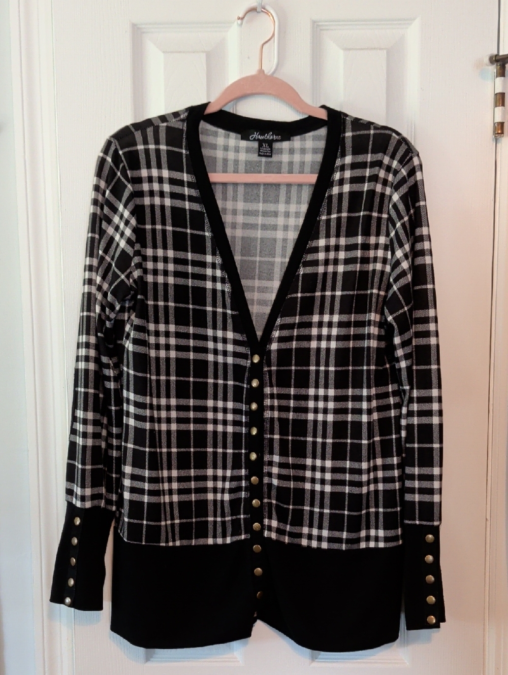 Hawthorne Black & White Plaid Cardigan Sweater Sz XL